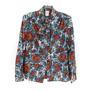 Pykettes Floral Blouse Womens 12 Blue Red Feminine Vintage Officecore Demure 70s